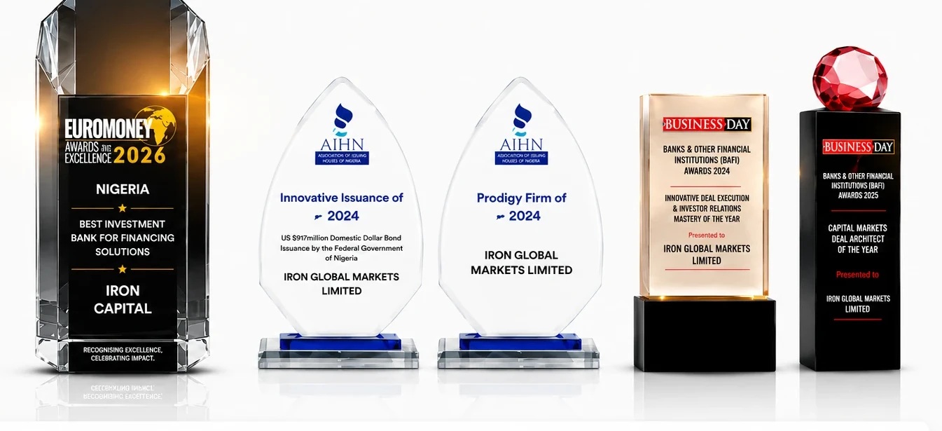 Award trophies — Euromoney Awards for Excellence 2026 (Nigeria's Best Investment Bank for Financing Solutions), AIHN Innovative Issuance 2024, AIHN Prodigy Firm 2024, BusinessDay BAFI Awards 2024 and 2025.